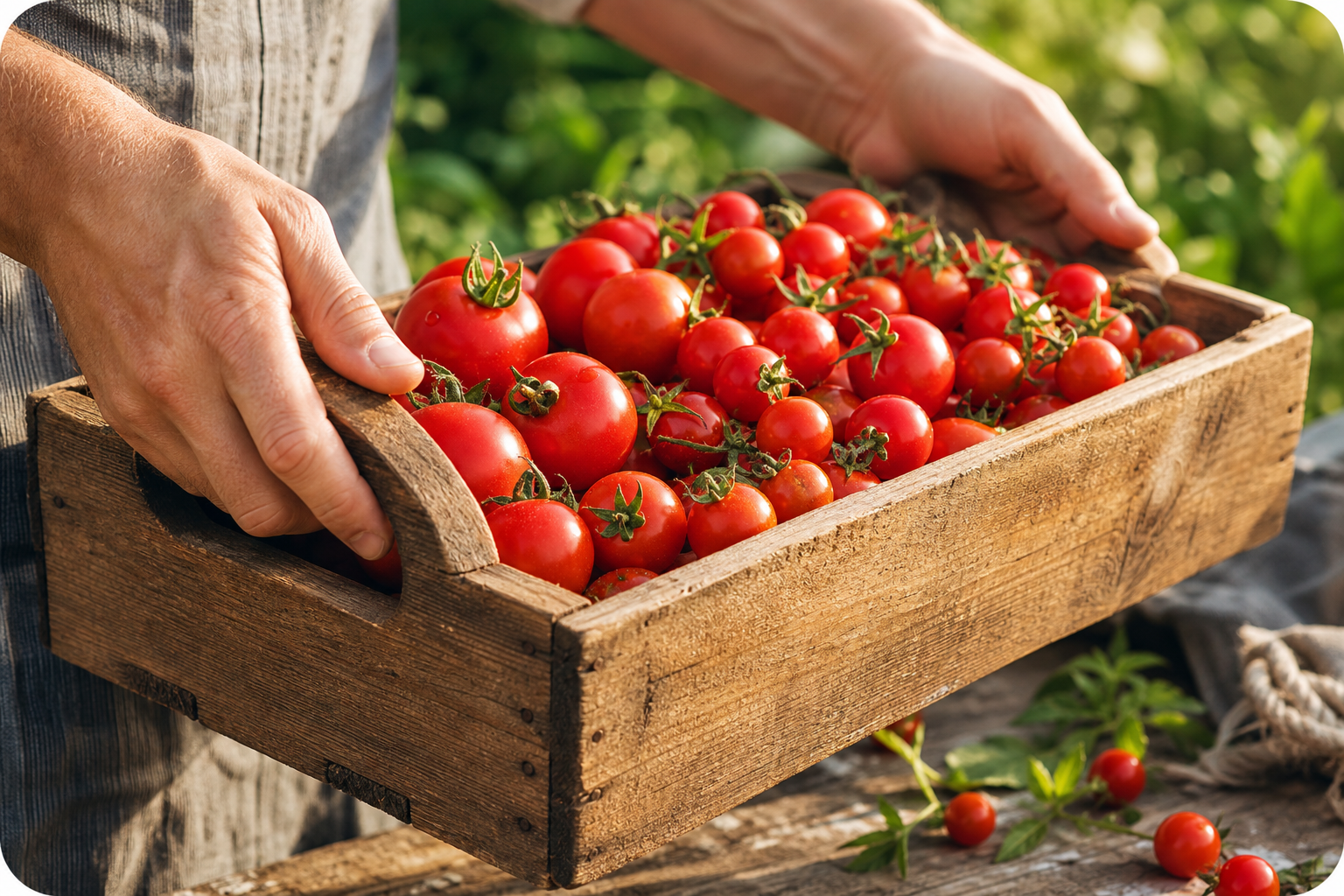 Cagette de tomates fra&icirc;ches pendant la r&eacute;colte
