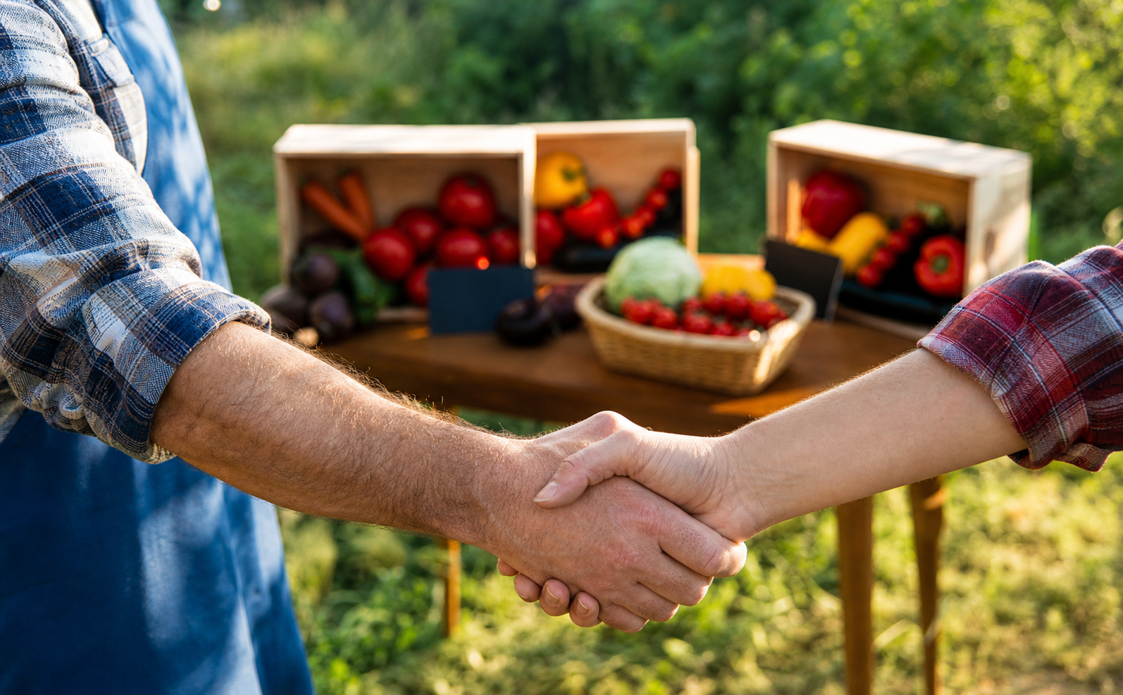 Poign&eacute;e de main entre producteurs devant des cagettes de l&eacute;gumes